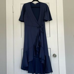 Blue satin v neck wrap dress ruffles on the sleeve and bottom